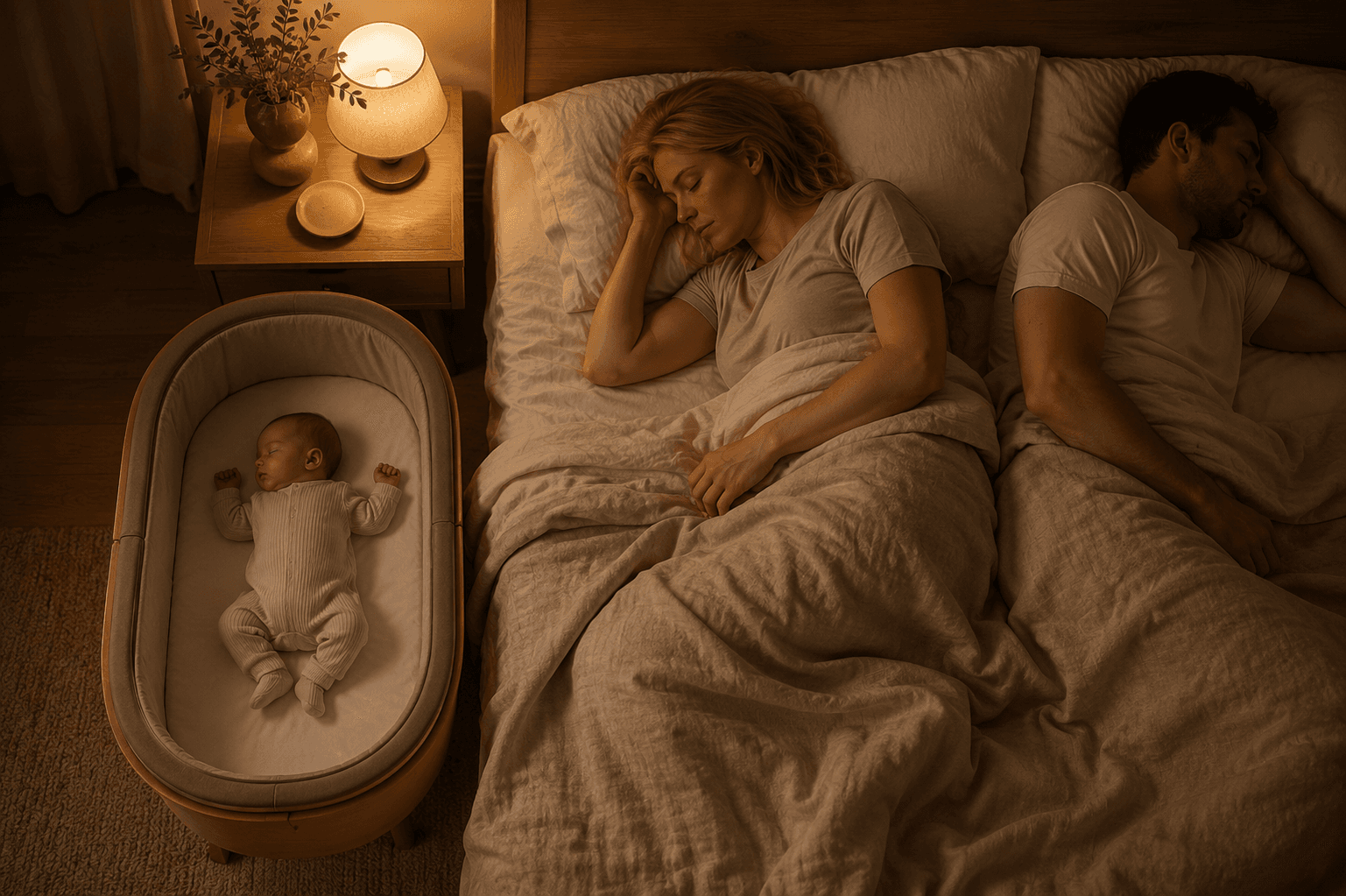 Des parents veillant tendrement sur leur bébé endormi près de leur lit